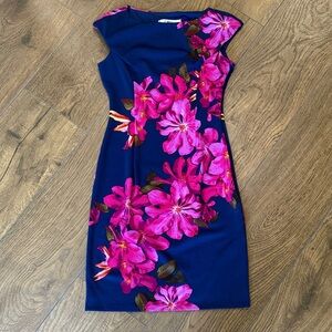 Navy Floral Sheath Dress with Pink Bloom Print Woman’s Size- 0